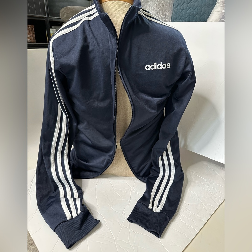 adidas Navy Blue Track Pocketed Classic Style Jacket with White Stripes